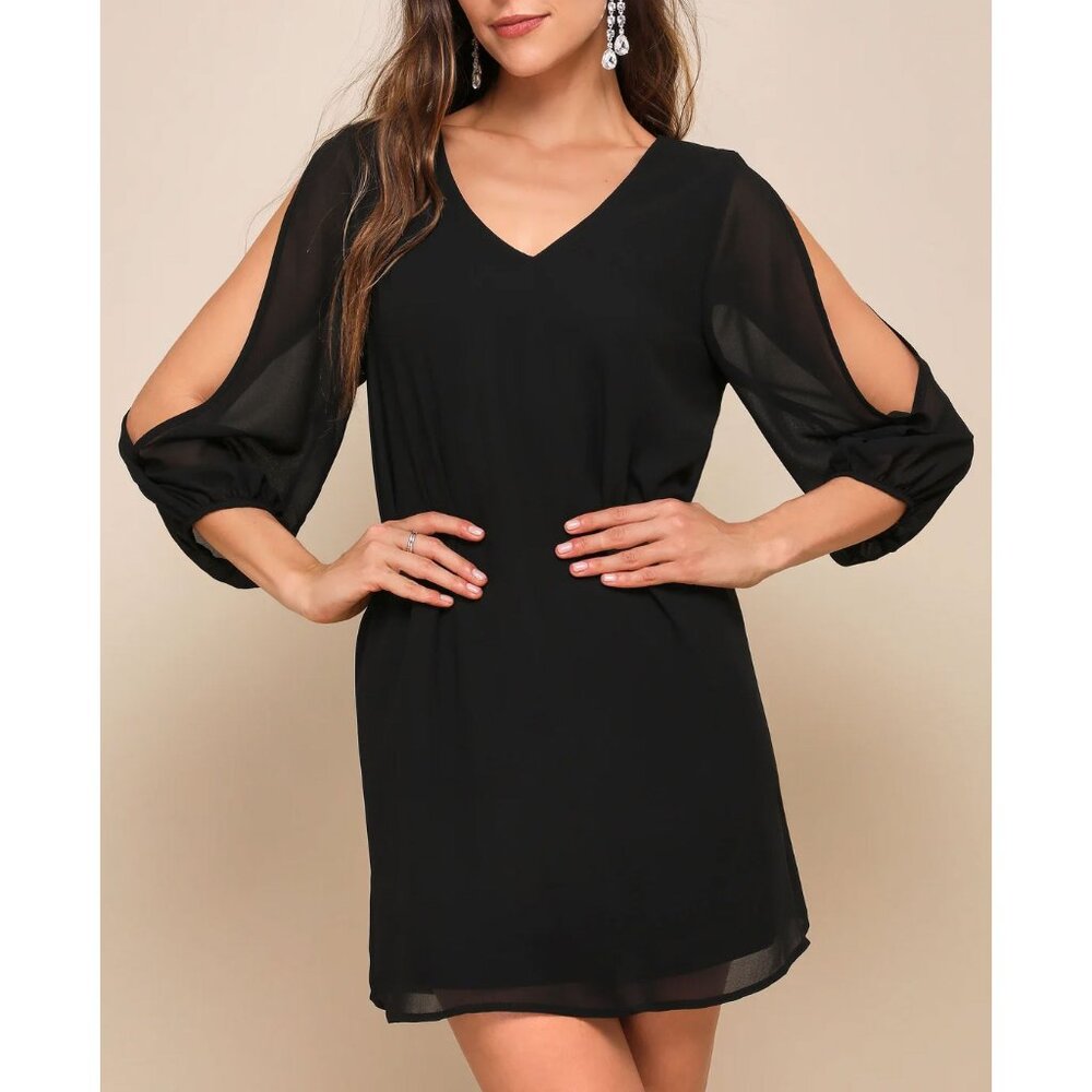 Lulus Shifting Dears Black Long Sleeve Dress S Cold Shoulder Mini